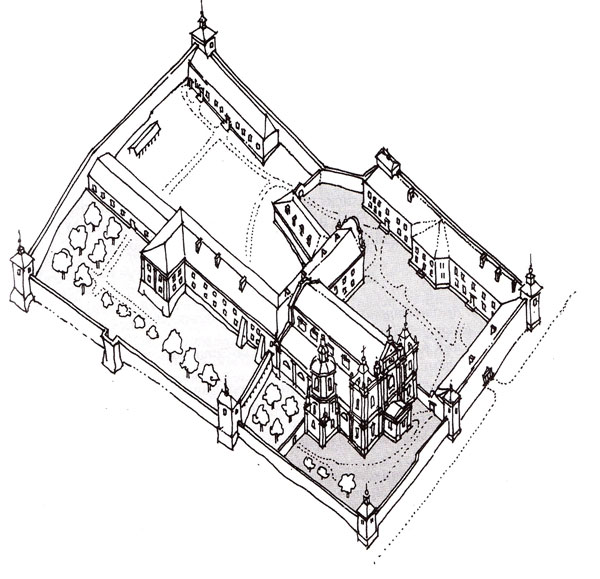 Загальний вигляд єзуїтського комплексу станом на середину XVIII ст. Гіпотетична графічна реконструкція професора П. Ричкова;