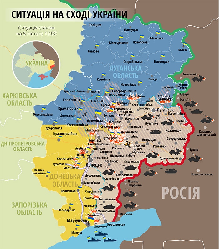Ситуація в зоні проведення АТО станом на 12:30  5 лютого: минулої доби загинуло 5 українських військових, 29 поранених