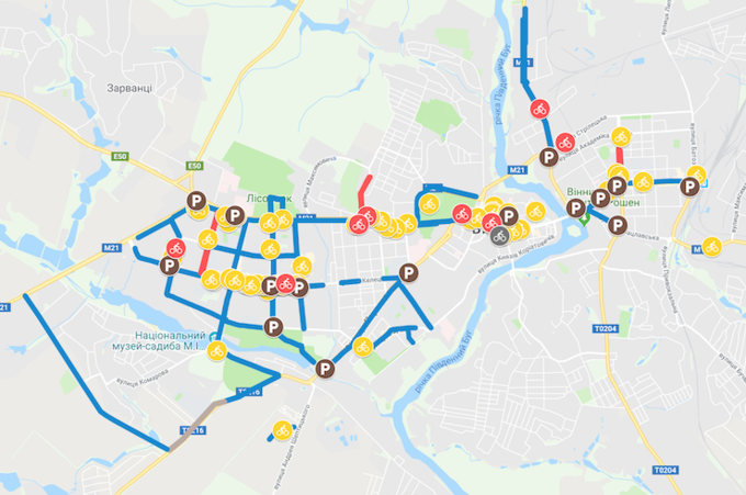 У Вінниці створили онлайн-мапу велосипедних доріжок, велосмуг, велопарковок і станцій велопрокату