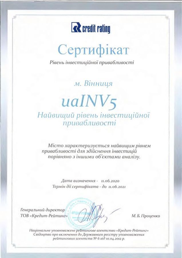 Вінниця отримала найвищий рейтинг інвестиційної привабливості «uaINV5»